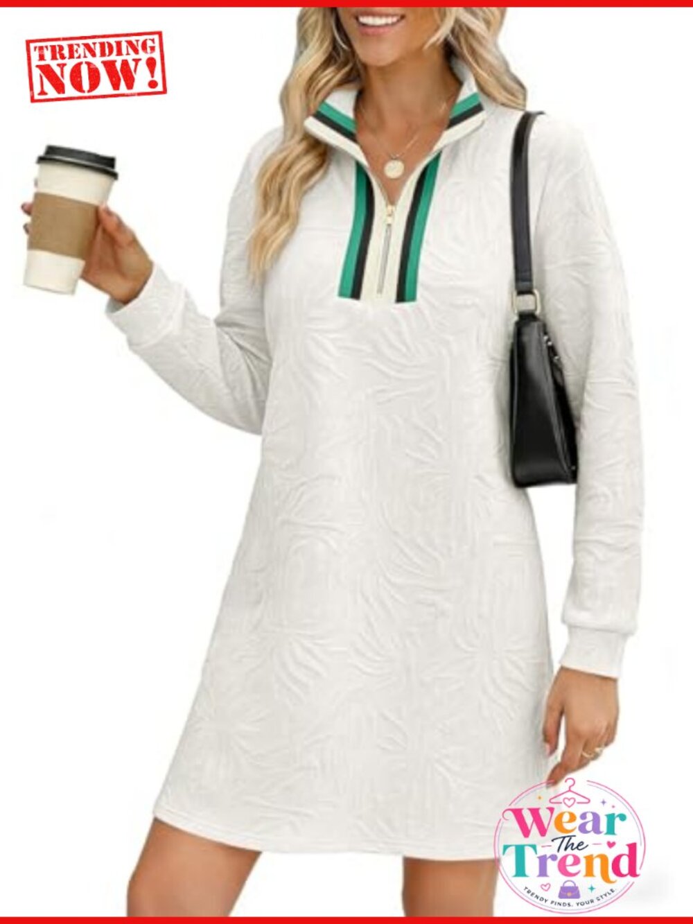 Half Zip Sweatshirt Dress Mini A-Line Pullover Long Sleeve